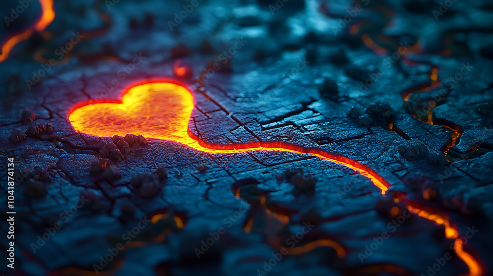 Poster Glowing heart shape rising from magma a fiery expression of passion and emotion amidst a textured background