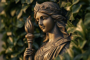 Obraz premium Bronze statue of a serene woman holding a torch amidst lush green foliage in a tranquil garden setting