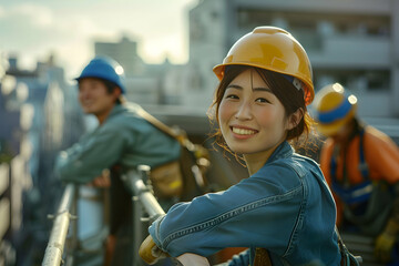 A Japanese female construction worker, wearing her work , smiles while leaning on the railing of her construction site