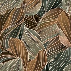 Flowing leaf line art in shades of brown and beige forms a seamless, delicate pattern, perfect for an elegant and calming background.