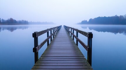 Fototapeta premium Tranquil Foggy Pier on Serene Lake