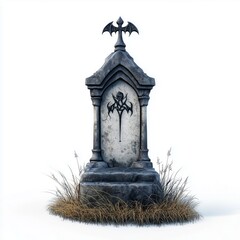 Obraz premium Halloween grave with a foreboding, weathered tombstone and ghostly decorations, isolated on a white background.