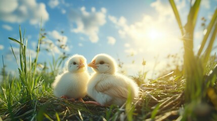 A pair of cute chicks basking in the warm sunlight on a grassy patch, with a bright blue sky in the background. Cheerful outdoor atmosphere. --chaos