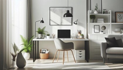 Fototapeta premium Modern Minimalist Workspace with Laptop and City View