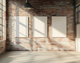 Empty Gallery Room with Three Blank Frames