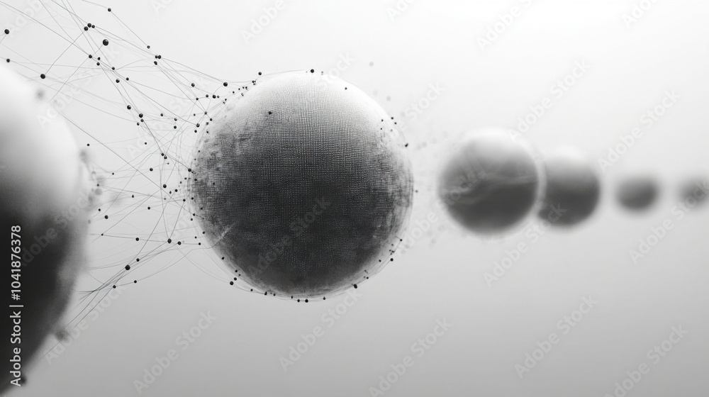 Poster This artwork features a series of interconnected spheres, showcasing a dynamic network pattern.