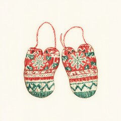 A knitted mittens, red and green colour. White background.