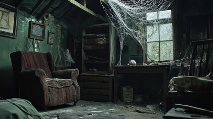 Discover the haunting beauty of an abandoned cottage interior filled with cobwebs.
