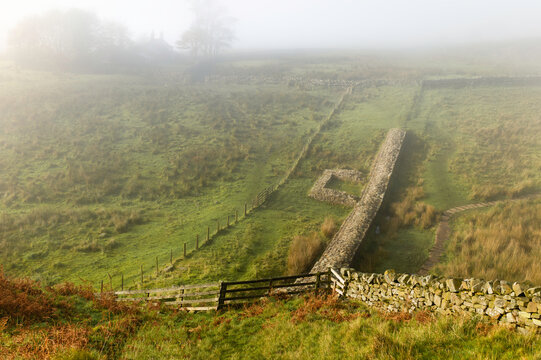 Hadrian's wall along Peel crags in autumn, Northumberland, UK.