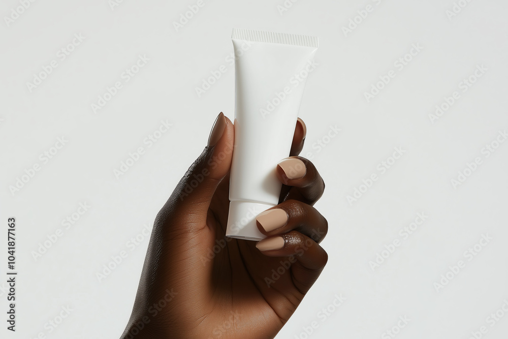 Wall mural black beauty female woman's hand holding white empty blank mockup skincare cream tube template, cosm
