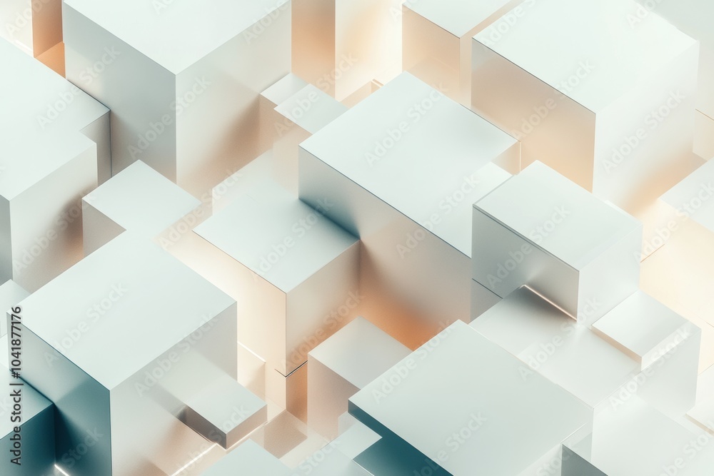 Leinwandbilder A dynamic composition features multiple cubes in different sizes and shades, interconnected by diagonal lines on a soft backdrop. Generative AI