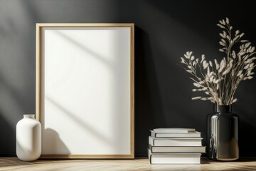 Blank Canvas Mockup with Dried Flowers and Books