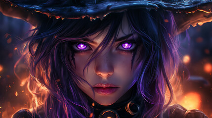 Fototapeta premium Halloween background with girl staring at you in black mage costume and purple hair