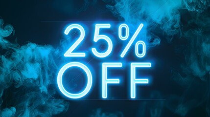 Light Blue '25% OFF' Neon Sign on an elegant Dark Background