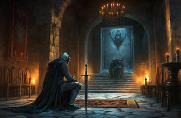 A medieval knight rides through a storm, his armor glistening with rain, embodying the relentless spirit of a warrior who presses on through adversity, guided by honor, loyalty, and a code of chivalry