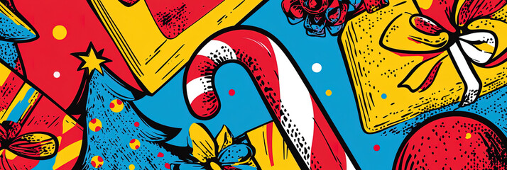 Bunte Pop-Art-Weihnachtshintergrund mit Festtagsmotiven und leuchtenden Farben