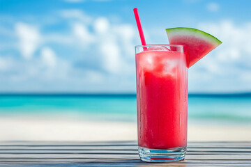 Fresh red watermelon juice in the glass on the beach. Space for text.	