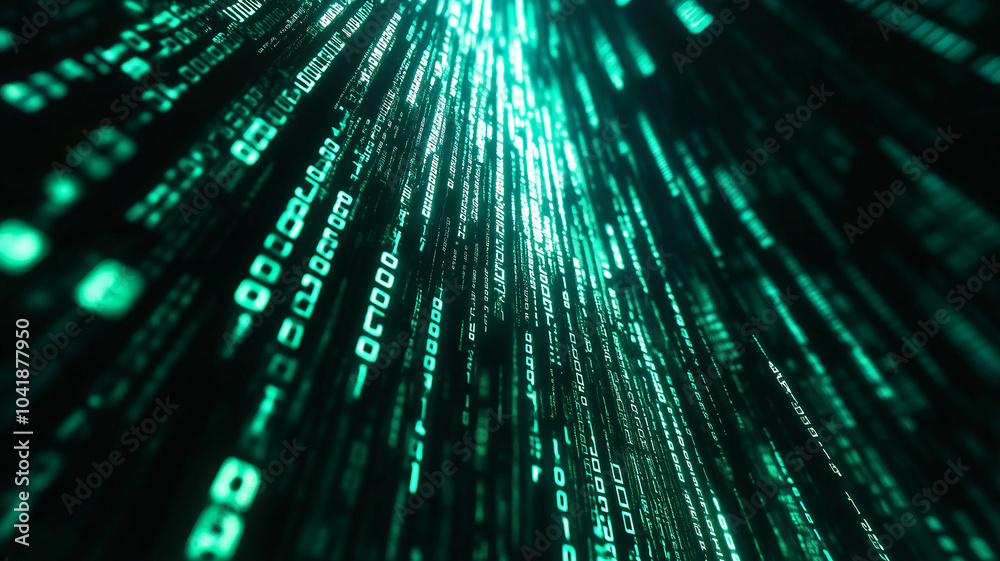 Fototapete futuristic digital code rain: matrix-inspired glowing green binary stream background or banner