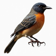 Obraz premium Photograph of a small bird with a bright orange belly, grey head, and black back, perched on a branch with detailed claws. The background is a plain white, emphasizing the bird's vibrant colors and in