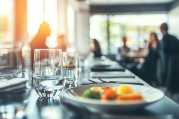Bokeh background enhances the professionalism of a corporate lunch gathering.
