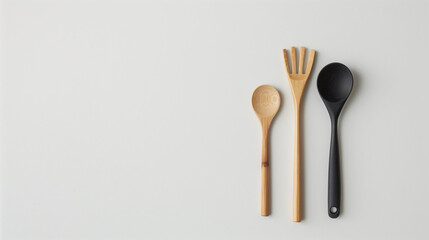 Minimalist Set of Bamboo and Black Kitchen Utensils
