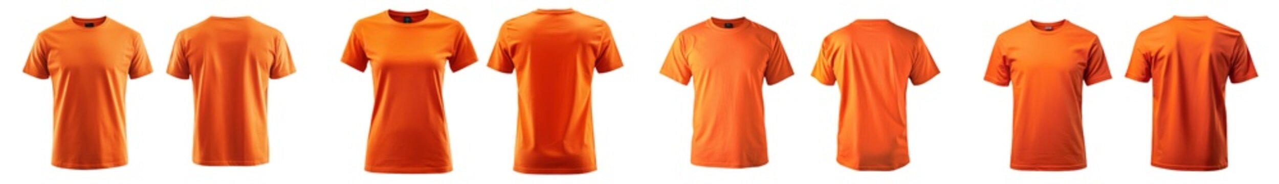 A blank orange jersey T-shirt template with a white background and front and back views