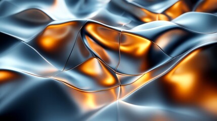 This artwork showcases a close-up view of a flowing metallic surface, featuring smooth waves and reflections of golden and silver colors, creating an elegant, abstract appearance.