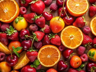 Naklejka premium Fresh Ripe Fruits Banner - Oranges, Strawberries, Cherries, and Raspberries for Web Header with Copy Space