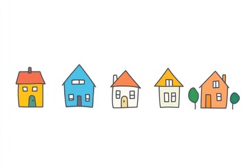 Icono minimalista de lÃ­nea simple dibujado a mano de varias casas rurales, colores azules, fondo blanco