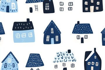 Icono minimalista de lÃ­nea simple dibujado a mano de varias casas rurales, colores azules, fondo blanco
