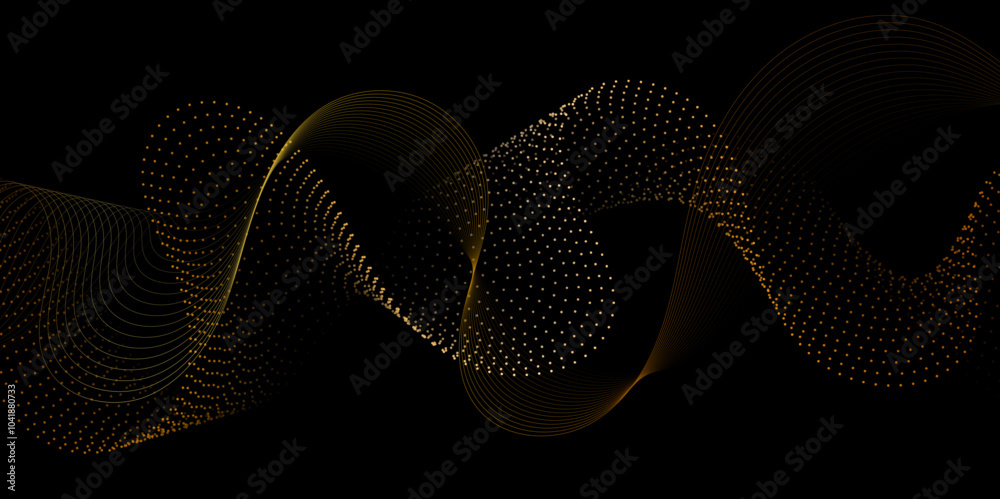 Poster Abstract wavy dotted curved line dark black background. vector futuristic background with particle waves Beautiful shaped array of glowing line. abstract volume voice technology vibrate and music bg.	