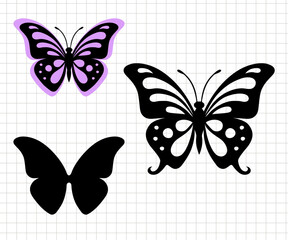 Butterfly design. Summer tropical insect. Different poses. Silhouette vector flat illustration. Cutting file. Suitable for cutting software. Cricut, Silhouette. 