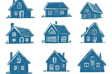 Fototapeta premium Icono minimalista de lÃ­nea simple dibujado a mano de varias casas rurales, colores azules, fondo blanco