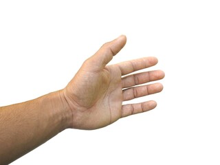 Male hand reaching for something on business concept Isolated on a white background.	