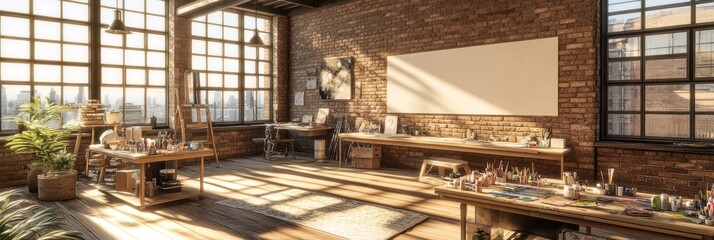 Fototapeta premium Bright and spacious creative workspace with art supplies and a large window view.