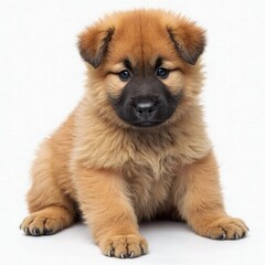 A photograph of an adorable, fluffy, light-brown puppy with dark eyes and a black nose, sitting on a white surface, looking directly at the camera.