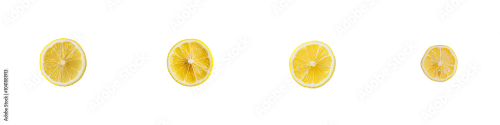 Poster an image of a single slice of juicy, ripe yellow lemon citrus fruit with a sour taste isolated on wh