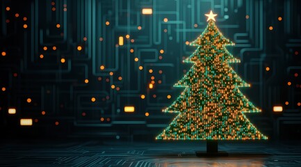 A digital Christmas tree adorned with colorful lights stands against a circuit board backdrop, merging festive cheer with technology.