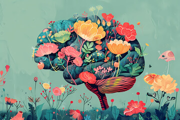 A colorful, artistic representation of a brain intertwined with vibrant flowers and foliage, symbolizing creativity and growth.