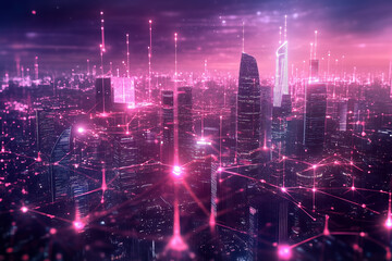 Obraz premium The network connection concept comes alive in a double exposure of a futuristic city and digital web, symbolizing how engineers plan and build efficient internet connectivity acros