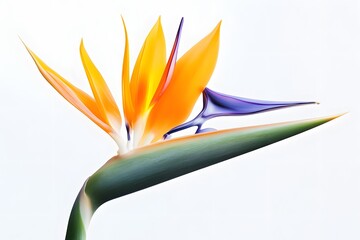 A vibrant bird of paradise flower showcasing bright orange and purple hues against a light background.