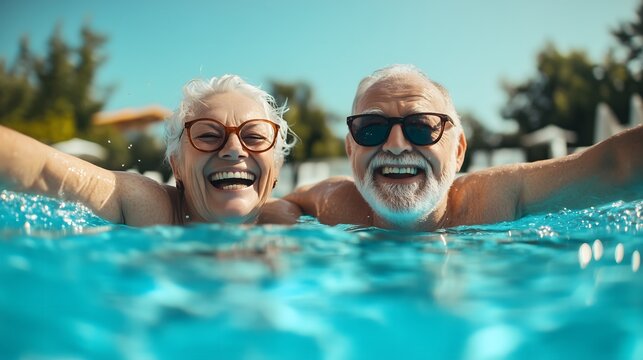 Elderly woman and man celebrate retirement by laughing near pool waters - happy couple shares vacation moments during holiday gathering with family friends