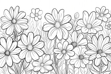 A detailed black and white line art illustration of a blooming flower garden, showcasing various flower shapes and sizes.