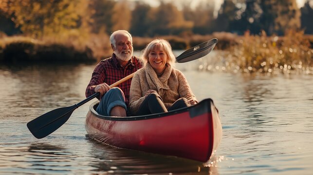 Mature woman and man share rowing adventure on peaceful lake waters - tourist couple finds river travel joy as senior partners paddle through natural paradise