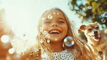 A joyful girl with long hair laughs surrounded by floating bubbles and bright sunlight, accompanied by a playful dog, capturing a moment of pure happiness outdoors.