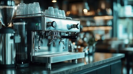 Fototapeta premium Showcasing a professional high-end coffee station in a lively modern cafe environment, this image highlights the art and craft of making premium coffee beverages.