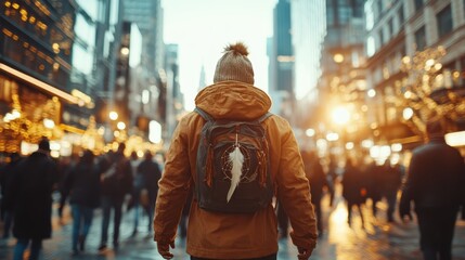 Obraz premium An individual wearing a backpack walks through a bustling urban street at golden hour, evoking a sense of adventure and wonder amid city lights and architecture.