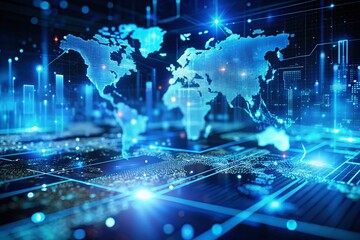 Futuristic Blue Cyberspace with Levitating Code on Abstract Map Background for Technology Concepts