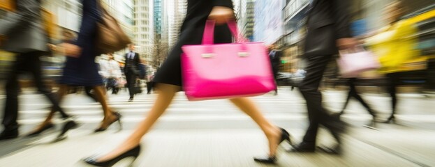 A blurred background of a busy city street with business people walking, captured in motion blur The composition includes various individuals wearing formal attire such as suits Generative AI