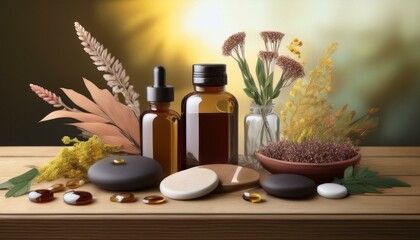 Aromatherapy with essential oils and healing crystals Serene atmosphere.